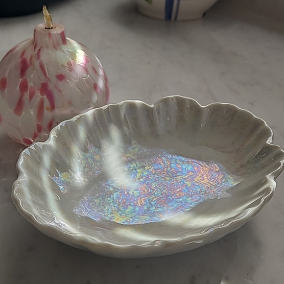 Set handblown Mottled Iridescent Round Glass Oil Lamp & irred. underplate - Picture 3 of 9